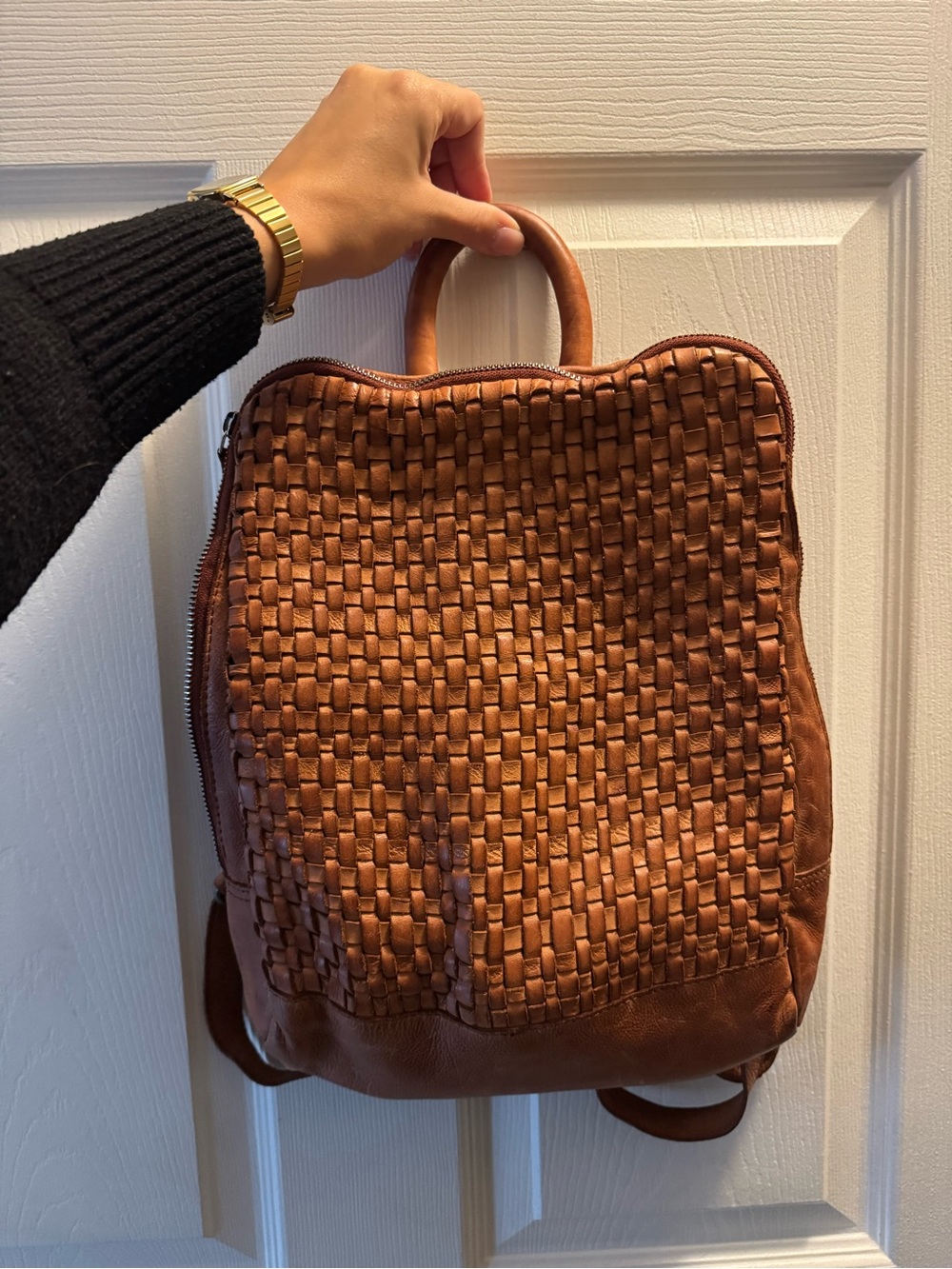 Woven Leather Backpack - Brown